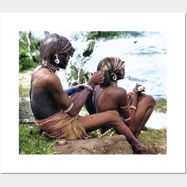 colorized vintage photo of Maasai doing hair Wall Art by In Memory of Jerry Frank